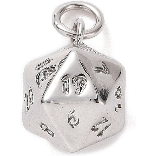Rack Plating Brass Charms, with Jump Rings, Long-Lasting Plated, 20 Sided Dice Charm, Platinum, 13.5x9.5x9.5mm, Hole: 3.2mm