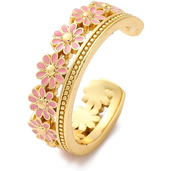 Anillos de puño abiertos de latón esmaltado con diseño de flores y baño de rejilla para mujer, sin plomo y el cadmio, Plateado de larga duración, real 18k chapado en oro, rubor lavanda, 6.5mm