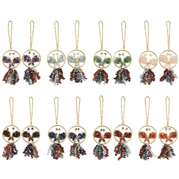Butterfly Brass & Natural Mixed Stone Pendant Decorations, Chakra Gemstone Chip Tassel Hanging Ornaments, 235-240Mm-image