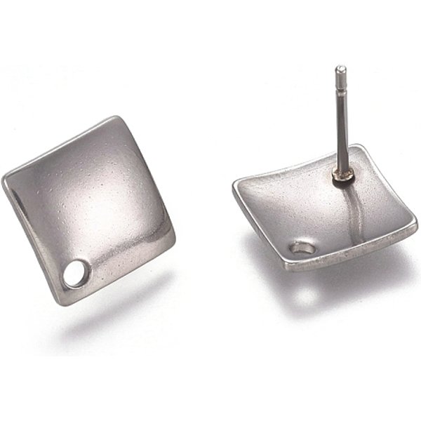 AnlaufgeschüTzte Ohrstecker-BeschläGe Aus Edelstahl 304, Rhombus, Edelstahl Farbe, 13.5X13.5X1.4 Mm, SeitenläNge: 10X10 Mm, Bohrung: 1.5 Mm, Stift: 0.8 Mm-image