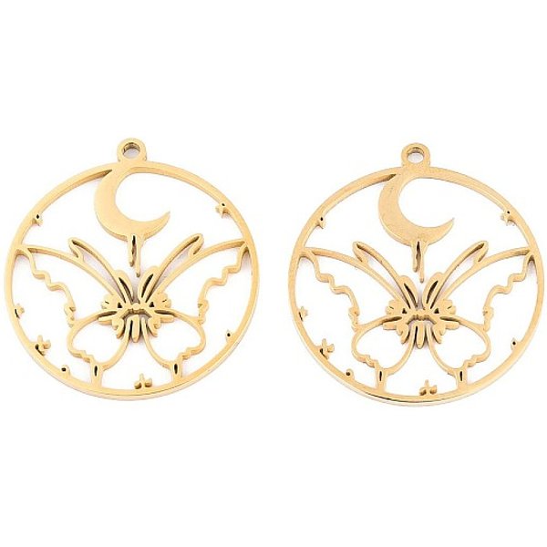 AnhäNger Aus Edelstahl 304, Laserschnitt, Flach Rund Mit Schmetterlings- Und MondanhäNger, Ionenbeschichtung (Ip), Echtes 18K Vergoldet, 29.5X27X1.5 Mm, Bohrung: 1.8 Mm-image