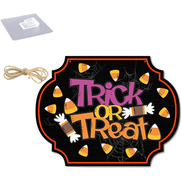 DéCor Suspendu De FenêTre De Porte De Mur En Bois D'halloween, Avec Corde De Chanvre Et Crochet Sans Trace, Mot Tromper Ou Traiter, 155X203Mm-image