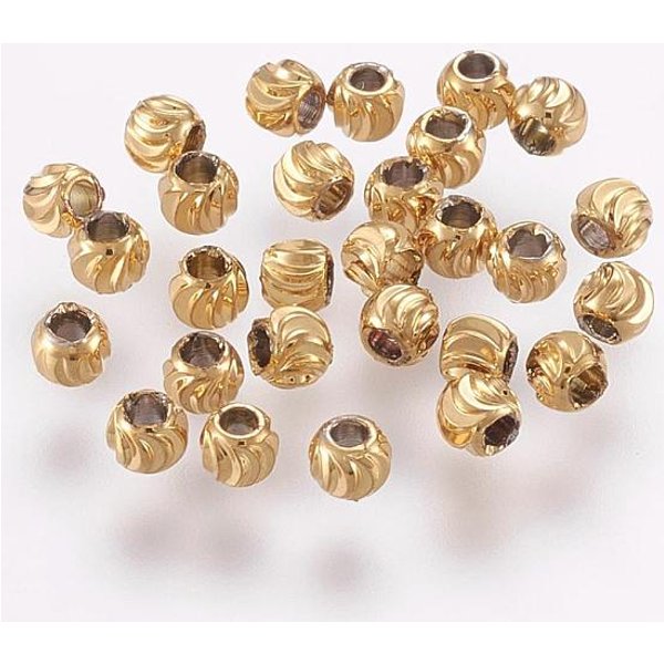 Brass Spacer Beads, Long-Lasting Plated, Corrugated Round, Real 18K Gold Plated, 3X2Mm, Hole: 1.2Mm-image