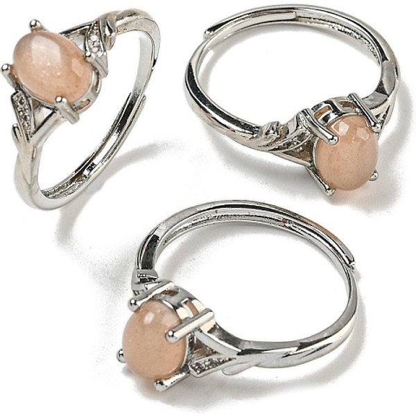 Bagues RéGlables Ovales En Pierre De Soleil Naturelle, Bague En Laiton Et Zircone Cubique Transparente Pour Femme, Plaqué Longue DuréE, Sans Plomb Et Sans Cadmium, Platine, DiamèTre IntéRieur: 18 Mm-image