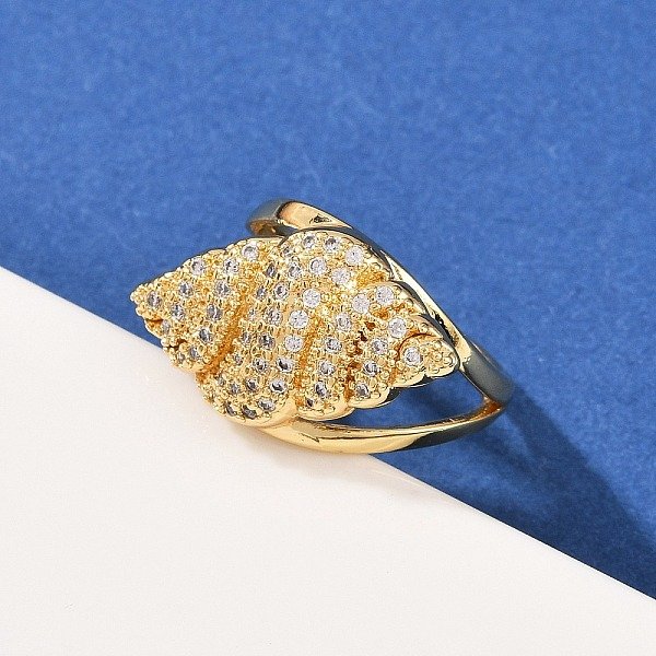 Manschettenringe Aus Messing Mit Mikropavé-Zirkonia FüR Damen, Schalenform, Langlebig Plattiert, Gestell, Echtes 18K Vergoldet, Innendurchmesser: Verstellbar, 23.5 Mm.-image