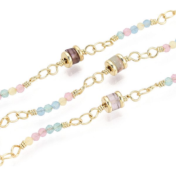 Handgefertigte Messing-GlassäUlen-Gliederketten, Mit NatüRlichen Edelstein-Glasperlen Zur Herstellung Von Halsketten Und ArmbäNdern, GelöTet, Mit Spule, Echtes 18K Vergoldet, 20X3X2 Mm, Ca. 16.40 Fuß (5M)/Rolle-image