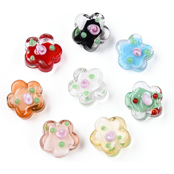 Handmade Bumpy Lampwork Beads, Plum Blossom, Mixed Color, 13.5-14.5X15X8-10Mm, Hole: 1.5-1.8Mm-image