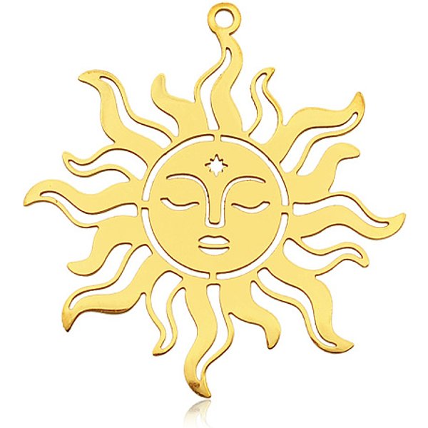 201 Stainless Steel Pendants, Laser Cut, Pvd Vacuum Plating, Sun, Golden, 37X35X1Mm, Hole: 1.6Mm-image