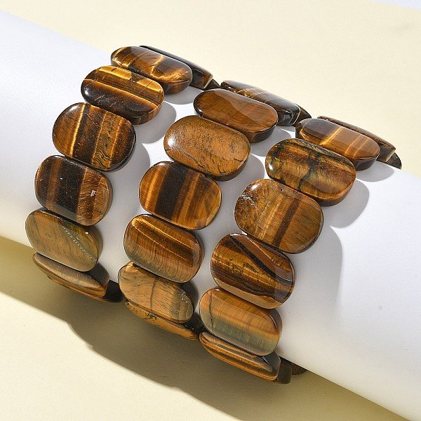 Stretch-ArmbäNder Aus NatüRlichen Tigerauge-Perlen FüR Frauen Und MäNner, Rechteck, 1 Zoll (2.4 Cm), Innendurchmesser: 2-1/2 Zoll (6.45 Cm)-image