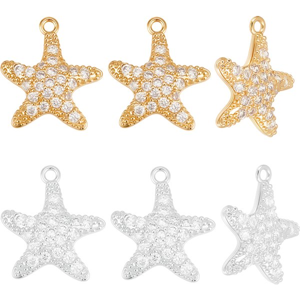 10 StüCk 2 Farben Messing Micro Pave Zirkonia AnhäNger, Seestern Charms, Cadmiumfrei Und Bleifrei, Langlebig Plattiert, Gestell, Platin & Golden, 15.5X14X3 Mm, Bohrung: 1.2 Mm, 5 Stk. Je Farbe-image