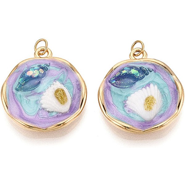 304 Stainless Steel and Enamel Resin Porcelain Glitter Powder Pendants, Flat Round with Flower, with Jump Ring, Ion Plating(IP), Real 18K Gold Plated, Light Sky Blue, 22.5x19.5x6mm, Hole: 2.8mm