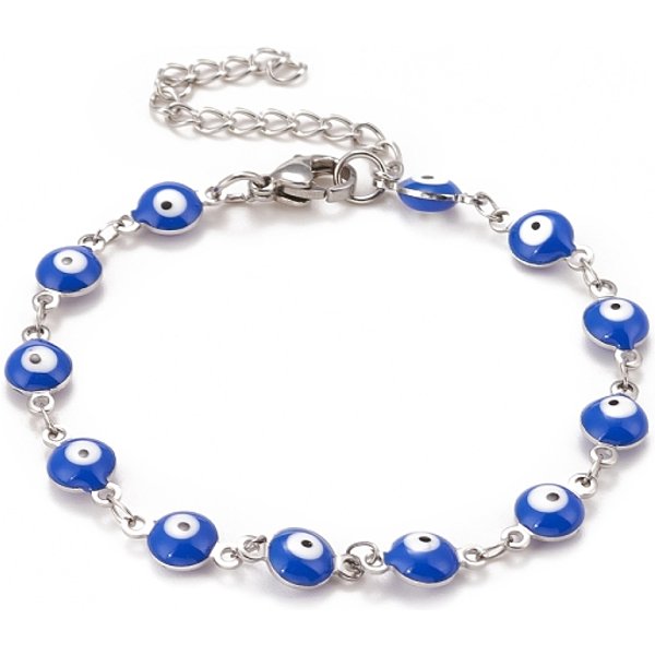Enamel Oval with Evil Eye Link Chains Bracelet, 304 Stainless Steel Jewelry for Women, Stainless Steel Color, Blue, 6-1/2 inch(16.5cm)