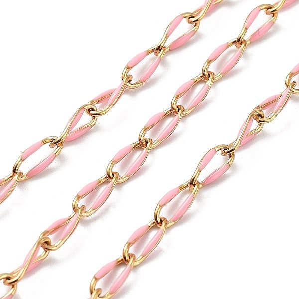 Ion Plating(Ip) 304 Stainless Steel Enamel Twisted Oval Link Chains, With Spool, Soldered, Real 18K Gold Plated, Oval, Pink, 9X4X1Mm, About 16.40 Feet(5M)/Roll-image