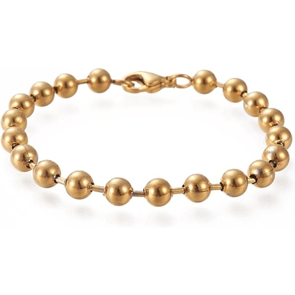 Pulseras de cadena de bolas de acero inoxidable 304 con revestimiento iónico (IP), con cierre de langosta, redondo, dorado, 7-1/2 pulgada (19 cm)