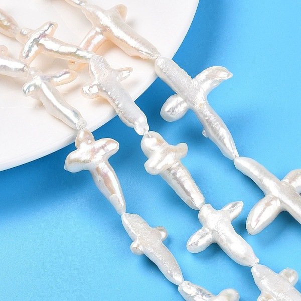 Natural Keshi Pearl Beads Strands, Cultured Freshwater Pearl, Baroque Natural Nucleated Pearl, Cross, Creamy White, 26-46x16-35x5-10mm, Hole: 0.7mm, about 10-13pcs/strand, 15.16-16.14 inch(38.5-41cm)
