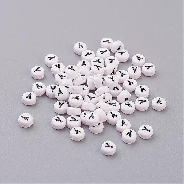Acrylic Beads, with Horizontal Hole, Letter, Flat Round, Letter.Y, 7x4mm, Hole: 1mm, about 3500pcs/500g