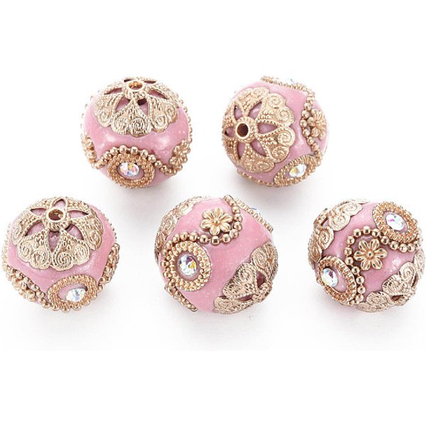 Handmade Indonesia Beads, With Crystal Ab Rhinestone And Golden Tone Brass Findings, Round, Pink, 20X19-20Mm, Hole: 1.5-1.8Mm-image