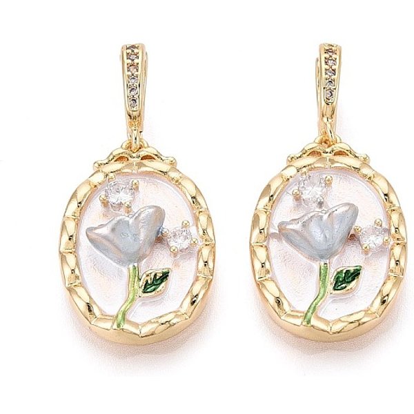 Spray Painted Brass Pave Clear Cubic Zirconia Fold Over Clasps, Oval With Flower, Alice Blue, 33X23X16Mm, Hole: 4Mm-image