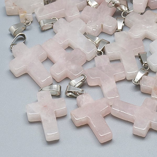 Natürlichen Rosenquarz Anhänger, mit Schnappverschlüssen aus Edelstahl, Kreuz, 29-30x18-19x5-6 mm, Bohrung: 6x4 mm