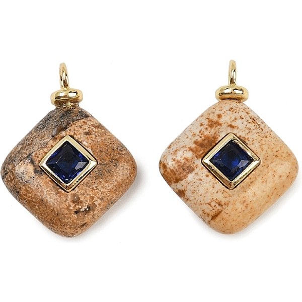 Natural Picture Jasper Pendants, Rhombus Charms With Brass Micro Pave Cubic Zirconia Findings, Real 18K Gold Plated, Cadmium Free & Lead Free, Rack Plating, Long-Lasting Plated, 21X16.5X7Mm, Hole: 2.5Mm-image