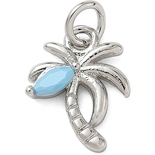 Brass Pave Light Blue Cubic Zirconia Coconut Tree Charms, with Jump Rings, Rack Plating, Long-Lasting Plated, Lead Free & Cadmium Free, Platinum, 13.5x10.5x3mm, Hole: 3.3mm