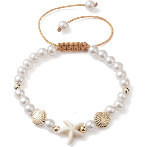 Adjustable Synthetic Turquoise & Abs Plastic Pearl Braided Bead Bracelet, Starfish, Inner Diameter: 2-3-1/2 Inch(5-9Cm)-image
