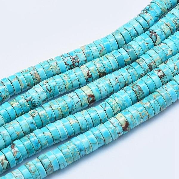 Brins De Perles De Jaspe ImpéRial Naturel, Teinte, Perles Heishi, Plat Rond / Disque, Turquoise Foncé, 6X3-3.5Mm, Trou: 1Mm, Environ 135 Pcs/Chapelet, 15.7 Pouce (40 Cm)-image