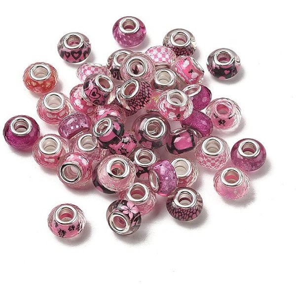 Perles EuropéEnnes En RéSine Transparente ImpriméE, Perles Avec Un Grand Trou , Rondelle Avec Noyaux En Laiton Plaqué Argent Et Poudre Scintillante, Flamant, 14X8.5Mm, Trou: 5Mm-image
