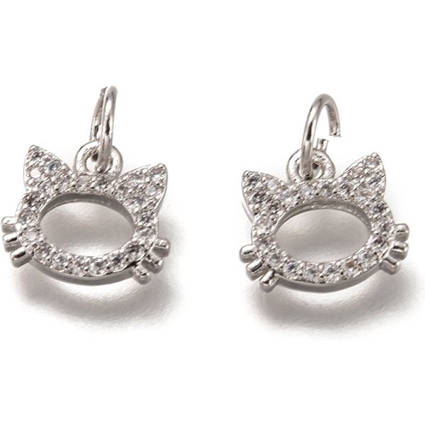 Brass Micro Pave Clear Cubic Zirconia Charms, Cadmium Free & Lead Free, Long-Lasting Plated, Cat, Platinum, 9X10X2Mm, Hole: 3Mm-image