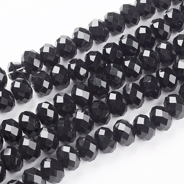 Anti-Tarnish Handmade Glass Beads, Faceted Rondelle, Black, 12x8mm, Hole: 1mm, about 68-70pcs/strand, 58-59cm