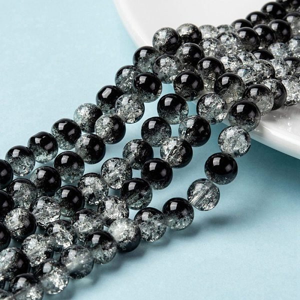 Spray Painted Crackle Glass Beads Strands, Round, Two Tone, Black, 8Mm, Hole: 1.3-1.6Mm, About 100Pcs/Strand, 31.4 Inch-image