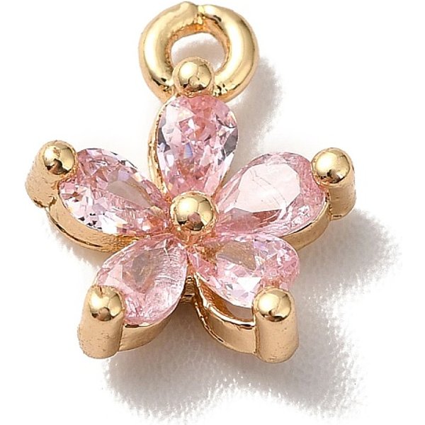 Brass Cubic Zirconia Flower Charms, Real 18K Gold Plated, Bauhinia Charm, Pink, 10X8X3Mm, Hole: 1.2Mm-image