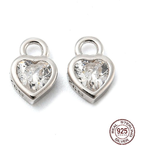 Real Platinum Plated Rhodium Plated 925 Sterling Silver Charms, With Clear Cubic Zirconia, With S925 Stamp, Heart, 6X4X2Mm, Hole: 1.2Mm-image