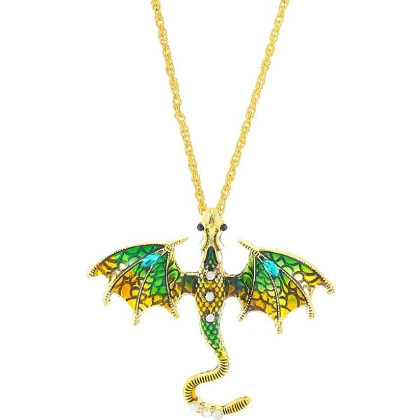 Halsketten mit Drachenanhänger aus Emaille, mit Strass, Eisenkette, Antik Golden, grün, 24.41 Zoll (62 cm)