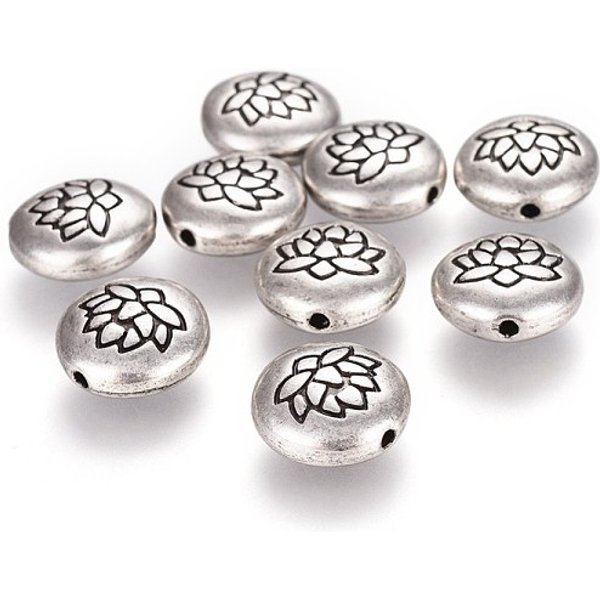 Perles En Alliage De Style TibéTain, Plat Rond De Lotus, Sans Plomb & Sans Nickel & Sans Cadmium , ThaïLande Argent Sterling Plaqué, 14X6.5Mm, Trou: 1Mm-image