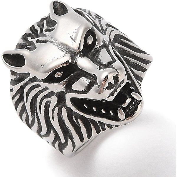 Viking 304 Stainless Steel Wolf Head Wide Finger Rings for Mens, Antique Silver, 26mm, US Size 10(19.8mm)