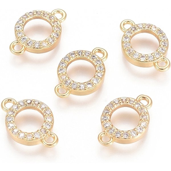 Brass Micro Pave Cubic Zirconia Links Connectors, Ring, Clear, Golden, 8X12X2Mm, Hole: 1.2Mm-image