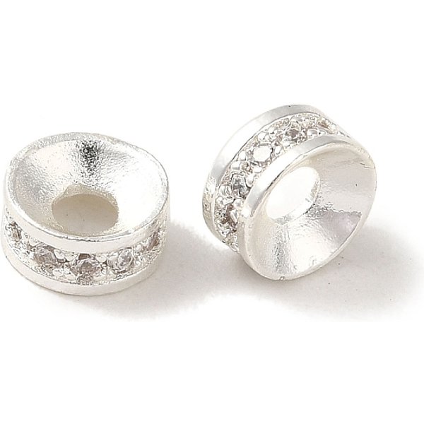 Placage en rack, pavé de laiton, perles d'espacement en zircone cubique transparente, plat rond, Plaqué longue durée, sans cadmium et sans plomb, couleur d'argent, 6x3mm, Trou: 2.2mm
