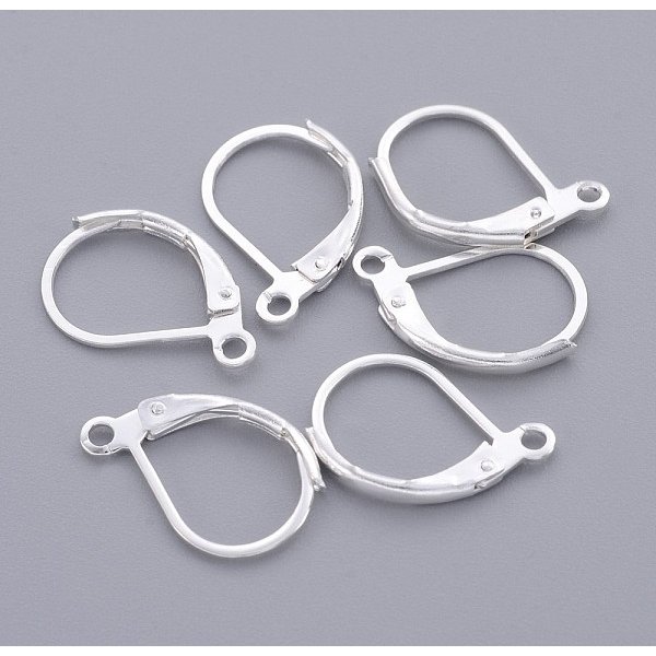 Brass Leverback Earring Findings, With Loop, Cadmium Free & Nickel Free & Lead Free, Silver Color Plated, About 10Mm Wide, 15Mm Long, Hole: 1Mm-image