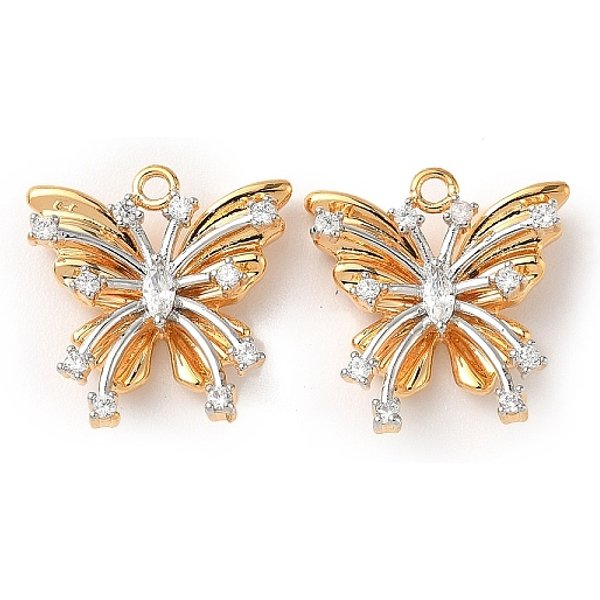 Brass Micro Pave Cubic Zirconia Pendants, Butterfly Charms, Real Gold Plated & Real Platinum Plated, 18X17X5Mm, Hole: 1.5Mm-image