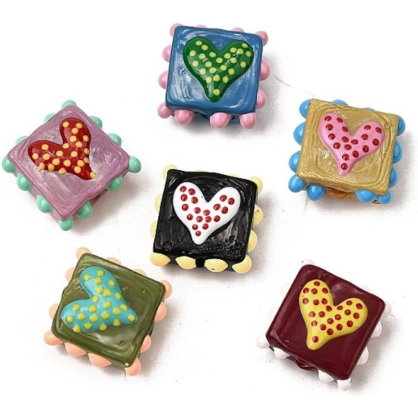 Handmade Lampwork Enamel Beads, Bumpy Square With Heart, Mixed Color, 17-18X17-18X8Mm, Hole: 1-1.5Mm-image