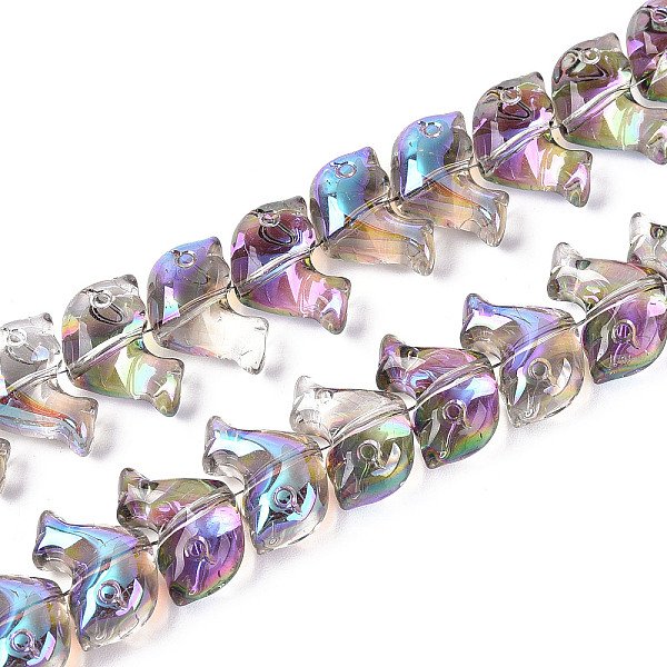 Electroplate Transparent Glass Beads Strands, Dolphin, Half Plated, Medium Orchid, 10.5x15.5-16x7-7.5mm, Hole: 0.9-1mm, about 69-71pcs/strand, 24.02-24.41 inch(61-62cm)