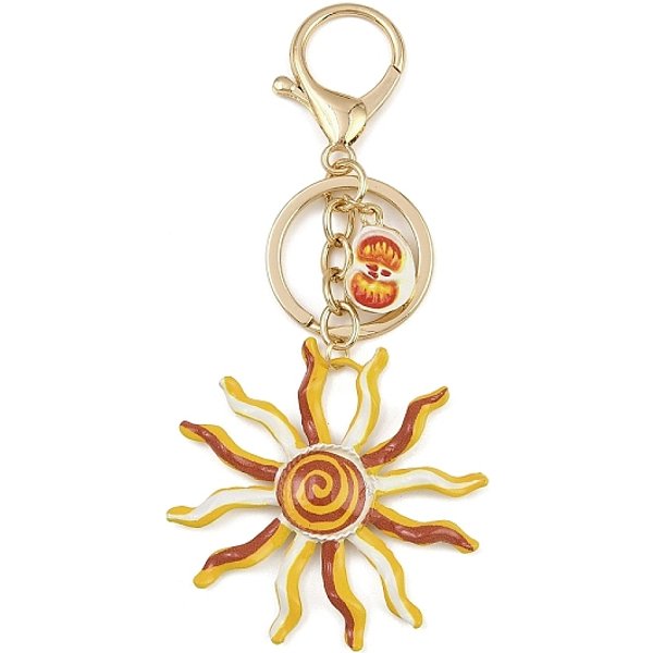 Alloy Enamel Pendant Keychains, with Iron Ring & Lobster Claw Clasps, Sun, Golden, 120mm