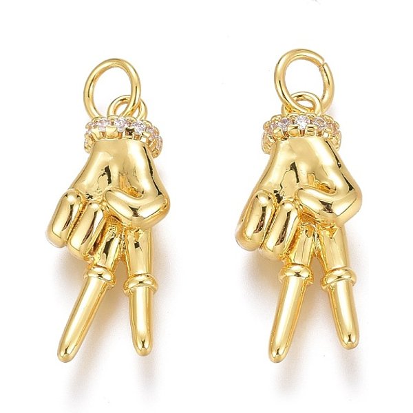 Brass Micro Pave Clear Cubic Zirconia Asl Pendants, Peace Hand Charms, Long-Lasting Plated, With Jump Rings, Yeah Gesture Pendants, Real 18K Gold Plated, 21X9X5.5Mm, Hole: 3Mm, Jump Ring: 5X1Mm-image