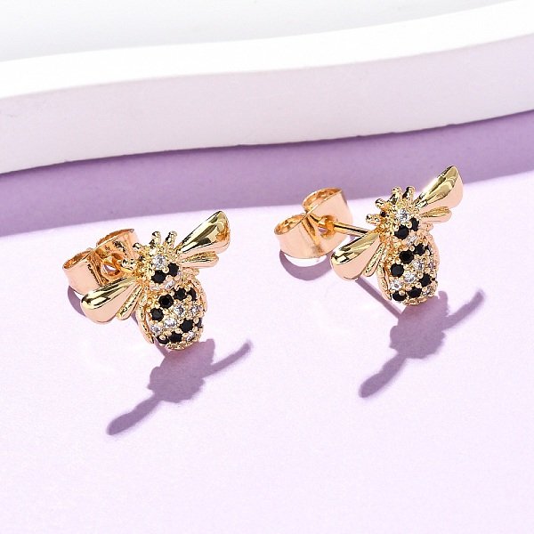 Brass Micro Pave Cubic Zirconia Bees Stud Earrings, Real 16K Gold Plated, 10X14.5Mm-image