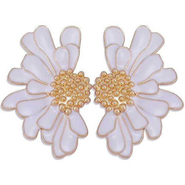 Boucles D'oreilles à Fleurs Vintage Pour Femmes, Boucles D'oreilles Demi-Fleur En Alliage éMaillé, Boucles D'oreilles D'éTé Boho Plage Boucles D'oreilles Florales, Cadeaux De Bijoux Pour Femmes, Blanc, 50.5-51X33.5-34Mm, Pin: 0.6 Mm-image