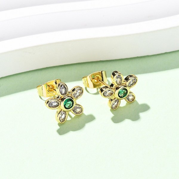 Brass Micro Pave Cubic Zirconia Flower Stud Earrings, Real 16K Gold Plated, 10.5X11Mm-image