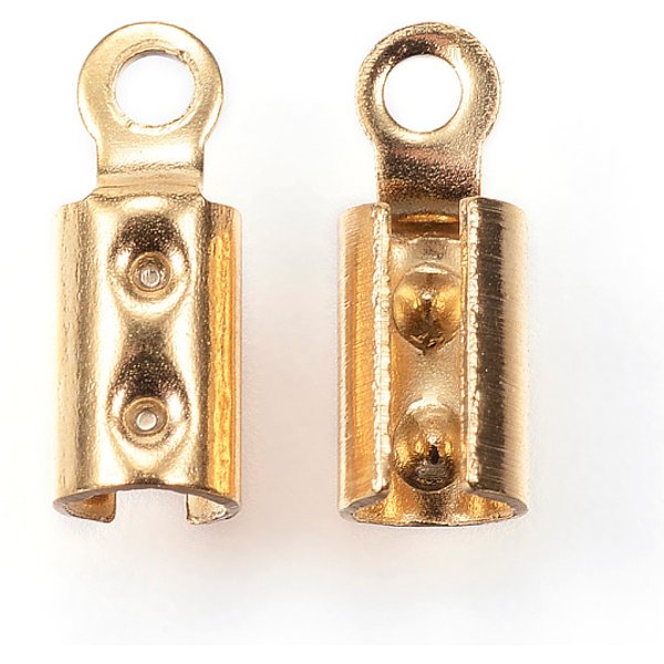 Ion Plating(IP) 304 Stainless Steel Folding Crimp Ends, Fold Over Crimp Cord Ends, Golden, 8.5x3mm, Hole: 1.2mm, Inner Diameter: 2.5mm