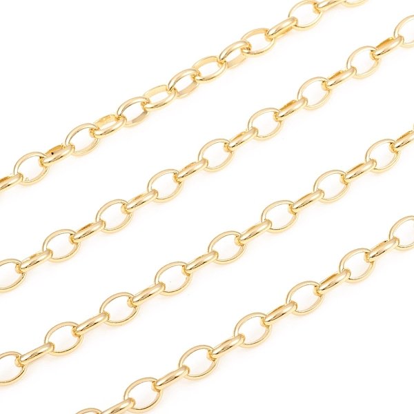 Cadena de cable de latón, soldada, con carrete, Plano Oval, para la fabricación de la joya, real 18k chapado en oro, link: 7x5x1.5 mm, aproximadamente 16.4 pie (5 m) / rollo
