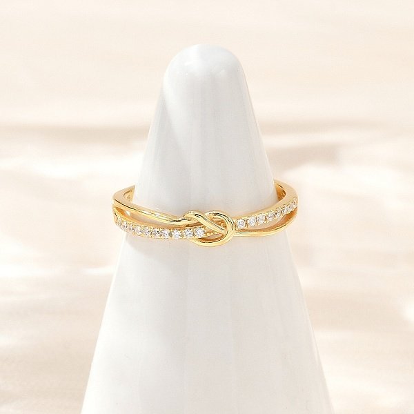 925 Verstellbarer Fingerring Aus Sterlingsilber Mit Mikropavé Und Klaren Zirkonia FüR Damen, Knoten, Golden, 4 Mm, Uns GrößE 6 1/2 (16.9Mm)-image